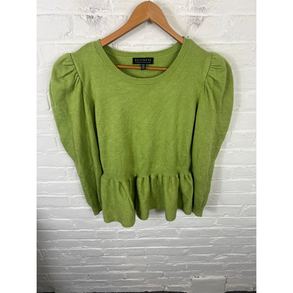 Eloquii Women's Puff Sleeve Peplum Sweate Crewneck Rayon Green Size 14